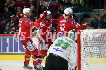 EBEL. Eishockey Bundesliga. EC KAC gegen  HK SZ Olimpija Ljubljana.  Torjubel Rihards Bukarts, Paul Postma, Steven Strong (KAC). Klagenfurt, am 3.1.2023.
Foto: Kuess
www.qspictures.net
---
pressefotos, pressefotografie, kuess, qs, qspictures, sport, bild, bilder, bilddatenbank