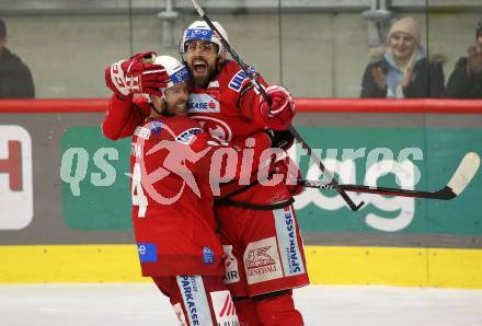 EBEL. Eishockey Bundesliga. EC KAC gegen  HK SZ Olimpija Ljubljana.  Torjubel Lucas Lessio, Paul Postma (KAC). Klagenfurt, am 3.1.2023.
Foto: Kuess
www.qspictures.net
---
pressefotos, pressefotografie, kuess, qs, qspictures, sport, bild, bilder, bilddatenbank