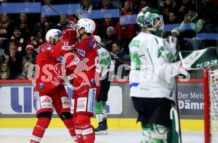 EBEL. Eishockey Bundesliga. EC KAC gegen  HK SZ Olimpija Ljubljana.  Torjubel Matthew Fraser, Lucas Lessio (KAC). Klagenfurt, am 3.1.2023.
Foto: Kuess
www.qspictures.net
---
pressefotos, pressefotografie, kuess, qs, qspictures, sport, bild, bilder, bilddatenbank