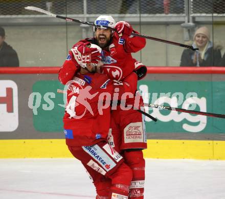 EBEL. Eishockey Bundesliga. EC KAC gegen  HK SZ Olimpija Ljubljana. Torjubel Lucas Lessio, Paul Postma  (KAC). Klagenfurt, am 3.1.2023.
Foto: Kuess
www.qspictures.net
---
pressefotos, pressefotografie, kuess, qs, qspictures, sport, bild, bilder, bilddatenbank