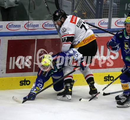 EBEL. Eishockey Bundesliga. EC VSV gegen BEMER Pioneers Vorarlberg.   Benjamin Lanzinger,  (VSV),   Ivan Korecky  (Vorarlberg). Villach, am 8.1.2023
Foto: Kuess
www.qspictures.net
---
pressefotos, pressefotografie, kuess, qs, qspictures, sport, bild, bilder, bilddatenbank