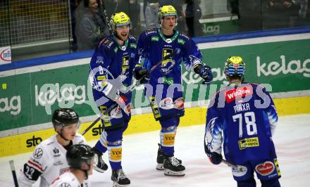 EBEL. Eishockey Bundesliga. EC VSV gegen BEMER Pioneers Vorarlberg.   Torjubel Maximilian Rebernig, Marco Richter, Felix Maxa  (VSV). Villach, am 8.1.2023
Foto: Kuess
www.qspictures.net
---
pressefotos, pressefotografie, kuess, qs, qspictures, sport, bild, bilder, bilddatenbank