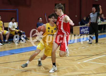 Basketball 2. Liga 2022/2023. Grunddurchgang 12. Runde. Woerthersee Piraten gegen  Upper Austrian Ballers.   Felix Leindecker (Piraten),  Dejan Kovacevic (Upper Austrian Ballers). Klagenfurt, am 7.1.2023.
Foto: Kuess
www.qspictures.net
---
pressefotos, pressefotografie, kuess, qs, qspictures, sport, bild, bilder, bilddatenbank