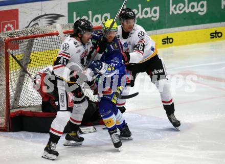 EBEL. Eishockey Bundesliga. EC VSV gegen BEMER Pioneers Vorarlberg.  Robert Sabolic,  (VSV),   Layne Viveiros, Guus Van Nes   (Vorarlberg). Villach, am 8.1.2023
Foto: Kuess
www.qspictures.net
---
pressefotos, pressefotografie, kuess, qs, qspictures, sport, bild, bilder, bilddatenbank