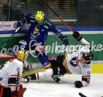 EBEL. Eishockey Bundesliga. EC VSV gegen BEMER Pioneers Vorarlberg.   Marco Richter,  (VSV),   Christian Bull  (Vorarlberg). Villach, am 8.1.2023
Foto: Kuess
www.qspictures.net
---
pressefotos, pressefotografie, kuess, qs, qspictures, sport, bild, bilder, bilddatenbank