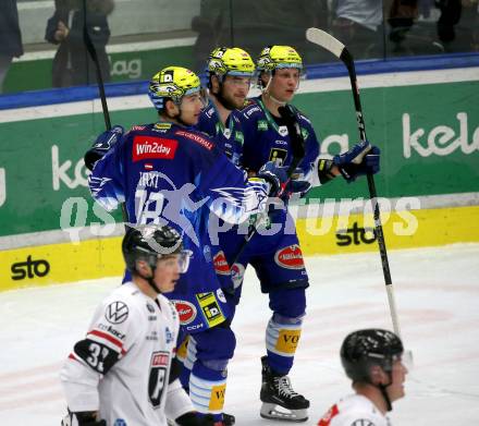 EBEL. Eishockey Bundesliga. EC VSV gegen BEMER Pioneers Vorarlberg. Torjubel Maximilian Rebernig, Marco Richter, Felix Maxa    (VSV). Villach, am 8.1.2023
Foto: Kuess
www.qspictures.net
---
pressefotos, pressefotografie, kuess, qs, qspictures, sport, bild, bilder, bilddatenbank