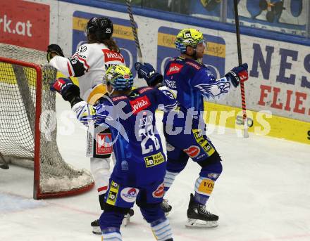 EBEL. Eishockey Bundesliga. EC VSV gegen BEMER Pioneers Vorarlberg.   Torjubel John Hughes, Derek Joslin  (VSV). Villach, am 8.1.2023
Foto: Kuess
www.qspictures.net
---
pressefotos, pressefotografie, kuess, qs, qspictures, sport, bild, bilder, bilddatenbank