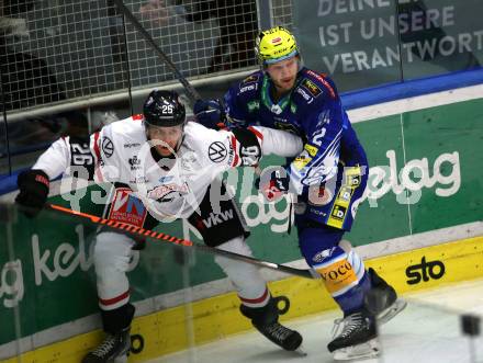 EBEL. Eishockey Bundesliga. EC VSV gegen BEMER Pioneers Vorarlberg.  John Hughes, Guus   (VSV),  Van Nes   (Vorarlberg). Villach, am 8.1.2023
Foto: Kuess
www.qspictures.net
---
pressefotos, pressefotografie, kuess, qs, qspictures, sport, bild, bilder, bilddatenbank