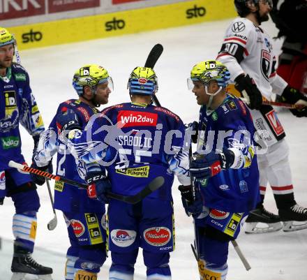 EBEL. Eishockey Bundesliga. EC VSV gegen BEMER Pioneers Vorarlberg.   Torjubel John Hughes, Robert Sabolic, Derek Joslin  (VSV). Villach, am 8.1.2023
Foto: Kuess
www.qspictures.net
---
pressefotos, pressefotografie, kuess, qs, qspictures, sport, bild, bilder, bilddatenbank