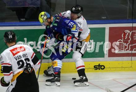 EBEL. Eishockey Bundesliga. EC VSV gegen BEMER Pioneers Vorarlberg.   Kevin Moderer,  (VSV),  Christian Bull   (Vorarlberg). Villach, am 8.1.2023
Foto: Kuess
www.qspictures.net
---
pressefotos, pressefotografie, kuess, qs, qspictures, sport, bild, bilder, bilddatenbank