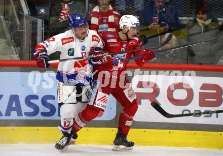 EBEL. Eishockey Bundesliga. EC KAC gegen  HC TIWAG Innsbruck. Clemens Unterweger (KAC), Braeden Shaw (Innsbruck). Klagenfurt, am 13.1.2023.
Foto: Kuess
www.qspictures.net
---
pressefotos, pressefotografie, kuess, qs, qspictures, sport, bild, bilder, bilddatenbank