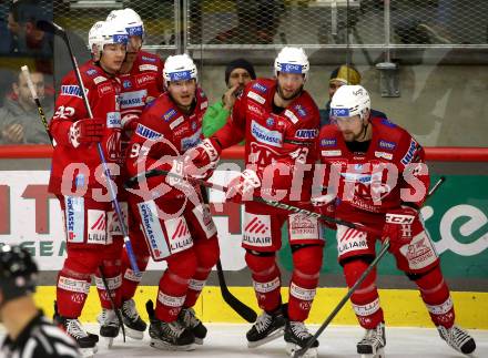 EBEL. Eishockey Bundesliga. EC KAC gegen  HC TIWAG Innsbruck. Torjubel Fabian Hochegger, Rihards Bukarts, Rok Ticar, Clemens Unterweger, Thomas Hundertpfund  (KAC). Klagenfurt, am 13.1.2023.
Foto: Kuess
www.qspictures.net
---
pressefotos, pressefotografie, kuess, qs, qspictures, sport, bild, bilder, bilddatenbank