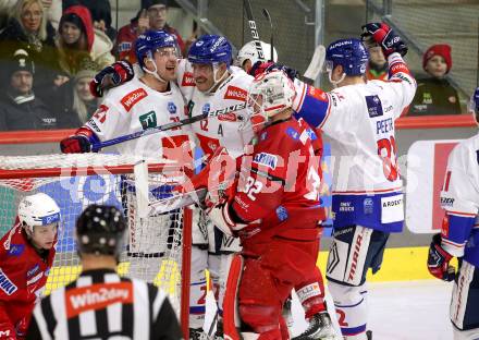 EBEL. Eishockey Bundesliga. EC KAC gegen  HC TIWAG Innsbruck.  Torjubel Braeden Shaw, Tyler Coulter, Senna Peeters (Innsbruck). Klagenfurt, am 13.1.2023.
Foto: Kuess
www.qspictures.net
---
pressefotos, pressefotografie, kuess, qs, qspictures, sport, bild, bilder, bilddatenbank