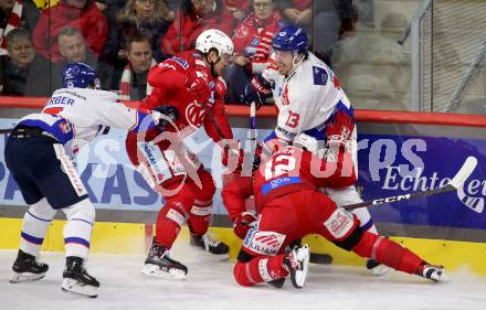 EBEL. Eishockey Bundesliga. EC KAC gegen  HC TIWAG Innsbruck.  Matthew Fraser, David Maier (KAC), Adam Helewka, Noah Kerber (Innsbruck). Klagenfurt, am 13.1.2023.
Foto: Kuess
www.qspictures.net
---
pressefotos, pressefotografie, kuess, qs, qspictures, sport, bild, bilder, bilddatenbank