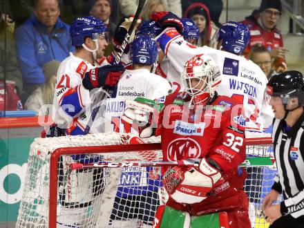 EBEL. Eishockey Bundesliga. EC KAC gegen  HC TIWAG Innsbruck. Torjubel Braeden Shaw, Tyler Coulter, Senna Peeters, Jamal Watson (Innsbruck). Klagenfurt, am 13.1.2023.
Foto: Kuess
www.qspictures.net
---
pressefotos, pressefotografie, kuess, qs, qspictures, sport, bild, bilder, bilddatenbank