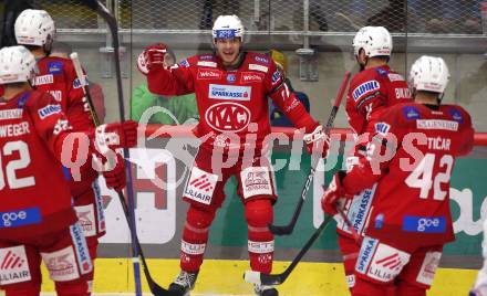 EBEL. Eishockey Bundesliga. EC KAC gegen  HC TIWAG Innsbruck. Torjubel Fabian Hochegger, Rihards Bukarts, Rok Ticar, Clemens Unterweger, Thomas Hundertpfund (KAC). Klagenfurt, am 13.1.2023.
Foto: Kuess
www.qspictures.net
---
pressefotos, pressefotografie, kuess, qs, qspictures, sport, bild, bilder, bilddatenbank