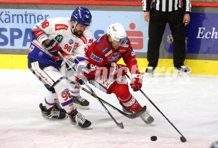 EBEL. Eishockey Bundesliga. EC KAC gegen  HC TIWAG Innsbruck. Matthew Fraser (KAC), Jan Lattner (Innsbruck). Klagenfurt, am 13.1.2023.
Foto: Kuess
www.qspictures.net
---
pressefotos, pressefotografie, kuess, qs, qspictures, sport, bild, bilder, bilddatenbank