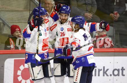 EBEL. Eishockey Bundesliga. EC KAC gegen  HC TIWAG Innsbruck.  Torjubel Adam Helewka, Daniel Leavens, Martin Ulmer (Innsbruck). Klagenfurt, am 13.1.2023.
Foto: Kuess
www.qspictures.net
---
pressefotos, pressefotografie, kuess, qs, qspictures, sport, bild, bilder, bilddatenbank