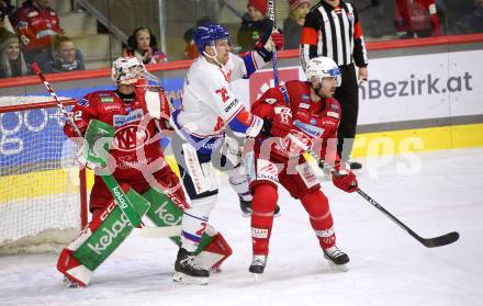 EBEL. Eishockey Bundesliga. EC KAC gegen  HC TIWAG Innsbruck. Jesper Jensen Aabi, Sebastian Dahm (KAC), Tyler Coulter (Innsbruck). Klagenfurt, am 13.1.2023.
Foto: Kuess
www.qspictures.net
---
pressefotos, pressefotografie, kuess, qs, qspictures, sport, bild, bilder, bilddatenbank