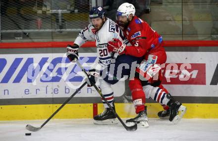 EBEL. Eishockey Bundesliga. EC KAC gegen  Hydro Fehervar AV 19.   Lucas Lessio,  (KAC),    Gleason Fournier (Fehervar). Klagenfurt, am 17.1.2023.
Foto: Kuess
www.qspictures.net
---
pressefotos, pressefotografie, kuess, qs, qspictures, sport, bild, bilder, bilddatenbank