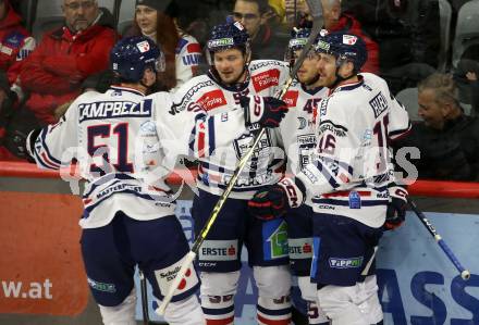 EBEL. Eishockey Bundesliga. EC KAC gegen  Hydro Fehervar AV 19.  Torjubel Timothy Campbell, Anze Kuralt, Guillaume Leclerc, Janos Hari  (Fehervar). Klagenfurt, am 17.1.2023.
Foto: Kuess
www.qspictures.net
---
pressefotos, pressefotografie, kuess, qs, qspictures, sport, bild, bilder, bilddatenbank