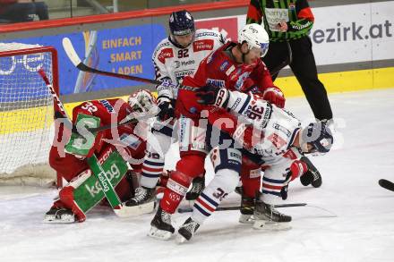 EBEL. Eishockey Bundesliga. EC KAC gegen  Hydro Fehervar AV 19.   Paul Postma, Sebastian Dahm, (KAC),   Csanad Erdely, Anze Kuralt  (Fehervar). Klagenfurt, am 17.1.2023.
Foto: Kuess
www.qspictures.net
---
pressefotos, pressefotografie, kuess, qs, qspictures, sport, bild, bilder, bilddatenbank