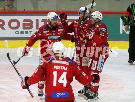 EBEL. Eishockey Bundesliga. EC KAC gegen  Hydro Fehervar AV 19.  Torjubel Rihards Bukarts, Manuel Ganahl, Fabian Hochegger, Paul Postma  (KAC),.  Klagenfurt, am 17.1.2023.
Foto: Kuess
www.qspictures.net
---
pressefotos, pressefotografie, kuess, qs, qspictures, sport, bild, bilder, bilddatenbank