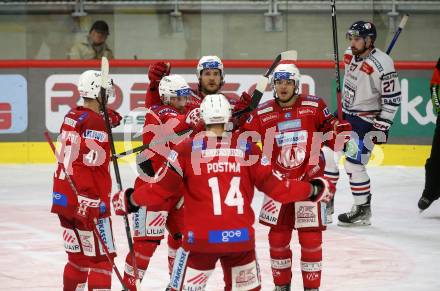 EBEL. Eishockey Bundesliga. EC KAC gegen  Hydro Fehervar AV 19.  Torjubel Rihards Bukarts, Manuel Ganahl, Fabian Hochegger, Paul Postma, Jesper Jensen Aabo  (KAC). Klagenfurt, am 17.1.2023.
Foto: Kuess
www.qspictures.net
---
pressefotos, pressefotografie, kuess, qs, qspictures, sport, bild, bilder, bilddatenbank