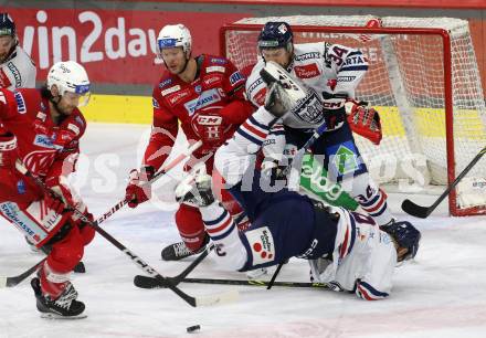 EBEL. Eishockey Bundesliga. EC KAC gegen  Hydro Fehervar AV 19.  Manuel Ganahl, Paul Postma,   (KAC),   Csanad Erdely, Istvan Terbocs (Fehervar). Klagenfurt, am 17.1.2023.
Foto: Kuess
www.qspictures.net
---
pressefotos, pressefotografie, kuess, qs, qspictures, sport, bild, bilder, bilddatenbank