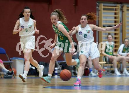 Basketball Damen Superliga. Grunddurchgang 11. Runde. KOS Celovec Damen gegen UBI Graz. Elma Muharemovic, Patricia Pauer  (KOS), Ida Praschl  (Graz). Klagenfurt, 21.1.2023.
Foto: Kuess
---
pressefotos, pressefotografie, kuess, qs, qspictures, sport, bild, bilder, bilddatenbank