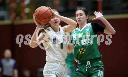 Basketball Damen Superliga. Grunddurchgang 11. Runde. KOS Celovec Damen gegen UBI Graz.  Alina Seher (KOS),  Nika Cic (Graz). Klagenfurt, 21.1.2023.
Foto: Kuess
---
pressefotos, pressefotografie, kuess, qs, qspictures, sport, bild, bilder, bilddatenbank