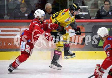 EBEL. Eishockey Bundesliga. EC KAC gegen  spusu Vienna Capitals.   Clemens Unterweger,   (KAC), Lukas Kainz   (Vienna Capitals). Klagenfurt, am 27.1.2023.
Foto: Kuess
www.qspictures.net
---
pressefotos, pressefotografie, kuess, qs, qspictures, sport, bild, bilder, bilddatenbank