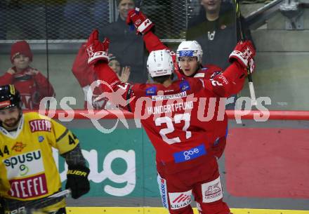 EBEL. Eishockey Bundesliga. EC KAC gegen  spusu Vienna Capitals.   Torjubel Clemens Unterweger, Thomas Hundertpfund  (KAC).  Klagenfurt, am 27.1.2023.
Foto: Kuess
www.qspictures.net
---
pressefotos, pressefotografie, kuess, qs, qspictures, sport, bild, bilder, bilddatenbank