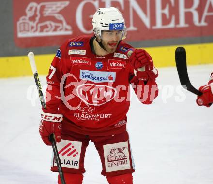 EBEL. Eishockey Bundesliga. EC KAC gegen  spusu Vienna Capitals.   Torjubel Thomas Hundertpfund  (KAC).  Klagenfurt, am 27.1.2023.
Foto: Kuess
www.qspictures.net
---
pressefotos, pressefotografie, kuess, qs, qspictures, sport, bild, bilder, bilddatenbank