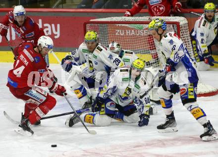 EBEL. Eishockey Bundesliga. EC KAC gegen VSV.  Paul Postma,    (KAC),    Derek Joslin, Andrew Desjardins, Blaz Tomazevic (VSV). Klagenfurt, am 29.1.2023.
Foto: Kuess
www.qspictures.net
---
pressefotos, pressefotografie, kuess, qs, qspictures, sport, bild, bilder, bilddatenbank