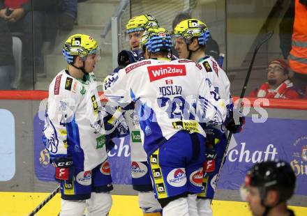 EBEL. Eishockey Bundesliga. EC KAC gegen VSV.  Torjubel Arturs Kulda, Benjamin Lanzinger, Derek Joslin, Dominik Grafenthin (VSV). Klagenfurt, am 29.1.2023.
Foto: Kuess
www.qspictures.net
---
pressefotos, pressefotografie, kuess, qs, qspictures, sport, bild, bilder, bilddatenbank