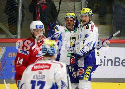 EBEL. Eishockey Bundesliga. EC KAC gegen VSV.  Torjubel Anthony Luciani, Andrew Desjardins (VSV). Klagenfurt, am 29.1.2023.
Foto: Kuess
www.qspictures.net
---
pressefotos, pressefotografie, kuess, qs, qspictures, sport, bild, bilder, bilddatenbank