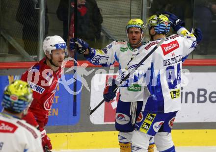 EBEL. Eishockey Bundesliga. EC KAC gegen VSV.  Torjubel Anthony Luciani, Andrew Desjardins (VSV). Klagenfurt, am 29.1.2023.
Foto: Kuess
www.qspictures.net
---
pressefotos, pressefotografie, kuess, qs, qspictures, sport, bild, bilder, bilddatenbank