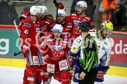 EBEL. Eishockey Bundesliga. EC KAC gegen VSV.   Torjubel Rihards Bukarts, Fabian Hochegger, Matthew Fraser, Jesper Jensen Aabo  (KAC).  Klagenfurt, am 29.1.2023.
Foto: Kuess
www.qspictures.net
---
pressefotos, pressefotografie, kuess, qs, qspictures, sport, bild, bilder, bilddatenbank