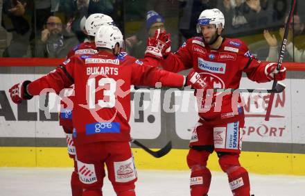 EBEL. Eishockey Bundesliga. EC KAC gegen VSV.   Torjubel Rok Ticar, Rihards Bukarts  (KAC).  Klagenfurt, am 29.1.2023.
Foto: Kuess
www.qspictures.net
---
pressefotos, pressefotografie, kuess, qs, qspictures, sport, bild, bilder, bilddatenbank