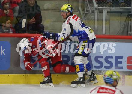 EBEL. Eishockey Bundesliga. EC KAC gegen VSV.   Rok Ticar,   (KAC),   Philipp Lindner (VSV). Klagenfurt, am 29.1.2023.
Foto: Kuess
www.qspictures.net
---
pressefotos, pressefotografie, kuess, qs, qspictures, sport, bild, bilder, bilddatenbank