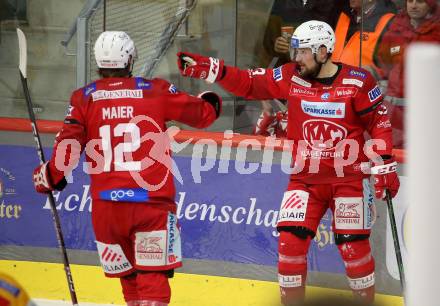 EBEL. Eishockey Bundesliga. EC KAC gegen Asiago Hockey.   Torjubel Rihards Bukarts, David Maier  (KAC).  Klagenfurt, am 5.2.2023.
Foto: Kuess
www.qspictures.net
---
pressefotos, pressefotografie, kuess, qs, qspictures, sport, bild, bilder, bilddatenbank