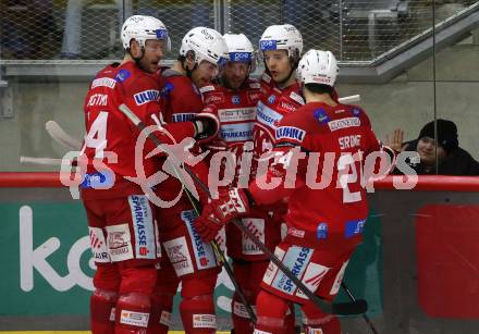 EBEL. Eishockey Bundesliga. EC KAC gegen Asiago Hockey.   Torjubel Manuel Ganahl, Rok Ticar, Thomas Hundertpfund, Steven Strong, Paul Postma  (KAC).  Klagenfurt, am 5.2.2023.
Foto: Kuess
www.qspictures.net
---
pressefotos, pressefotografie, kuess, qs, qspictures, sport, bild, bilder, bilddatenbank