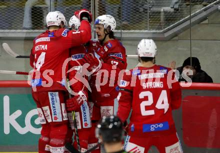 EBEL. Eishockey Bundesliga. EC KAC gegen Asiago Hockey.    Torjubel Manuel Ganahl, Rok Ticar, Thomas Hundertpfund, Steven Strong, Paul Postma (KAC).  Klagenfurt, am 5.2.2023.
Foto: Kuess
www.qspictures.net
---
pressefotos, pressefotografie, kuess, qs, qspictures, sport, bild, bilder, bilddatenbank