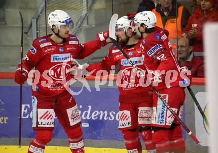 EBEL. Eishockey Bundesliga. EC KAC gegen Asiago Hockey.   Torjubel Matthew Fraser, Rihards Bukarts, David Maier  (KAC).  Klagenfurt, am 5.2.2023.
Foto: Kuess
www.qspictures.net
---
pressefotos, pressefotografie, kuess, qs, qspictures, sport, bild, bilder, bilddatenbank