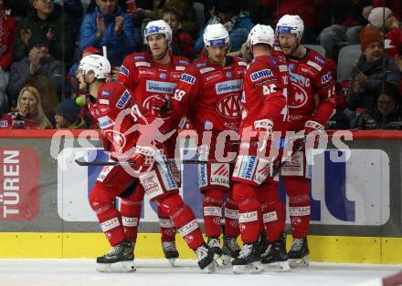 EBEL. Eishockey Bundesliga. EC KAC gegen Asiago Hockey.   Torjubel Fabian Hochegger, Jesper Jesnsen Aabo, Rok Ticar, Luka Gomboc, Paul Postma  (KAC).  Klagenfurt, am 5.2.2023.
Foto: Kuess
www.qspictures.net
---
pressefotos, pressefotografie, kuess, qs, qspictures, sport, bild, bilder, bilddatenbank