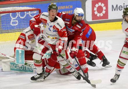 EBEL. Eishockey Bundesliga. EC KAC gegen HCB Suedtirol Alperia.  Lucas Lessio,   (KAC),    Ryan Culkin  (Bozen). Klagenfurt, am 17.2.2023.
Foto: Kuess
www.qspictures.net
---
pressefotos, pressefotografie, kuess, qs, qspictures, sport, bild, bilder, bilddatenbank