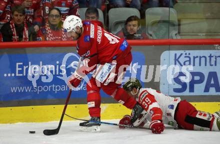 EBEL. Eishockey Bundesliga. EC KAC gegen HCB Suedtirol Alperia.   Jensen Jesper Aabo,   (KAC),  Matt Frattin  (Bozen). Klagenfurt, am 17.2.2023.
Foto: Kuess
www.qspictures.net
---
pressefotos, pressefotografie, kuess, qs, qspictures, sport, bild, bilder, bilddatenbank