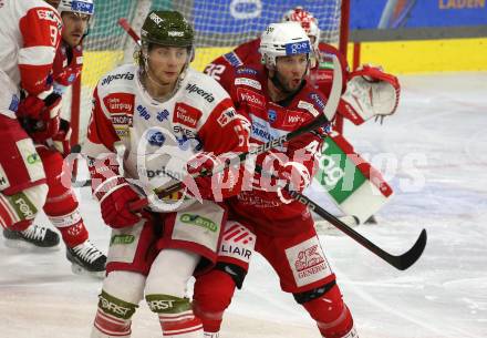 EBEL. Eishockey Bundesliga. EC KAC gegen HCB Suedtirol Alperia   Rok Ticar,  (KAC),    Mitchell Hults (Bozen). Klagenfurt, am 17.2.2023.
Foto: Kuess
www.qspictures.net
---
pressefotos, pressefotografie, kuess, qs, qspictures, sport, bild, bilder, bilddatenbank