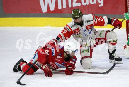 EBEL. Eishockey Bundesliga. EC KAC gegen HCB Suedtirol Alperia.  Steven Strong,    (KAC),    Angelo Miceli (Bozen). Klagenfurt, am 17.2.2023.
Foto: Kuess
www.qspictures.net
---
pressefotos, pressefotografie, kuess, qs, qspictures, sport, bild, bilder, bilddatenbank